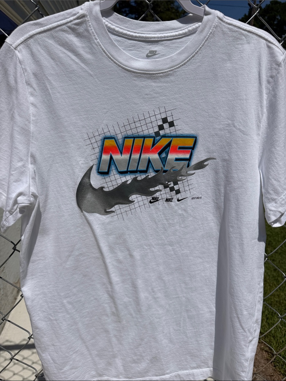 Nike White Short Sleeve Tee with Retro Rainbow NIKE Logo